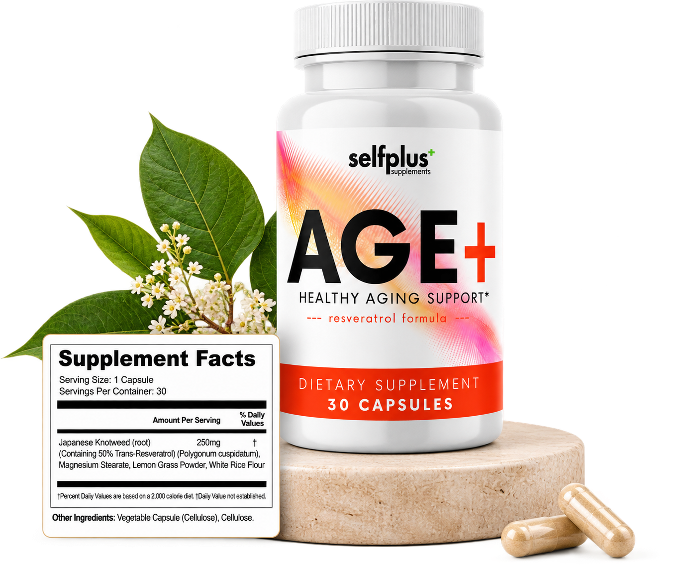 SelfPlus AGE+ Resveratrol bottle on a stone pedestal with Japanese knotweed botanicals, two capsules and the Supplement Facts panel